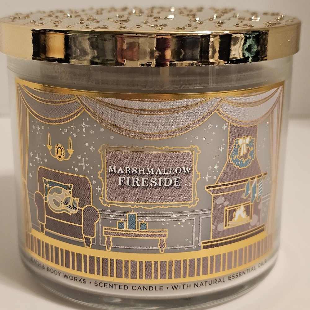 Bath & Body Works MARSHMALLOW FIRESIDE 3 Wick Candle with Decorative Lid
